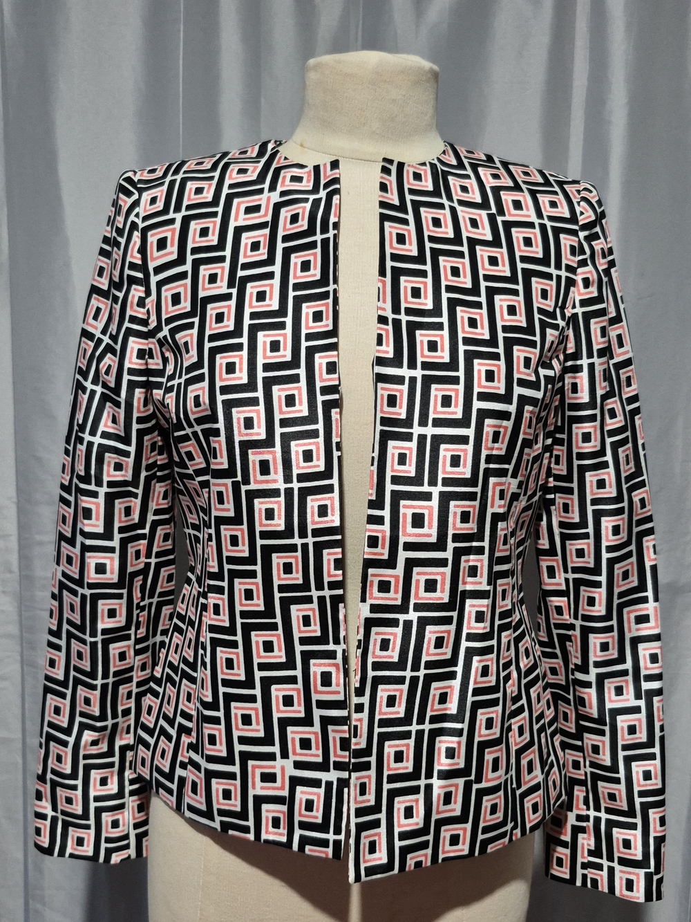 Kasper Black and Pink Geometric Long-Sleeve Dress